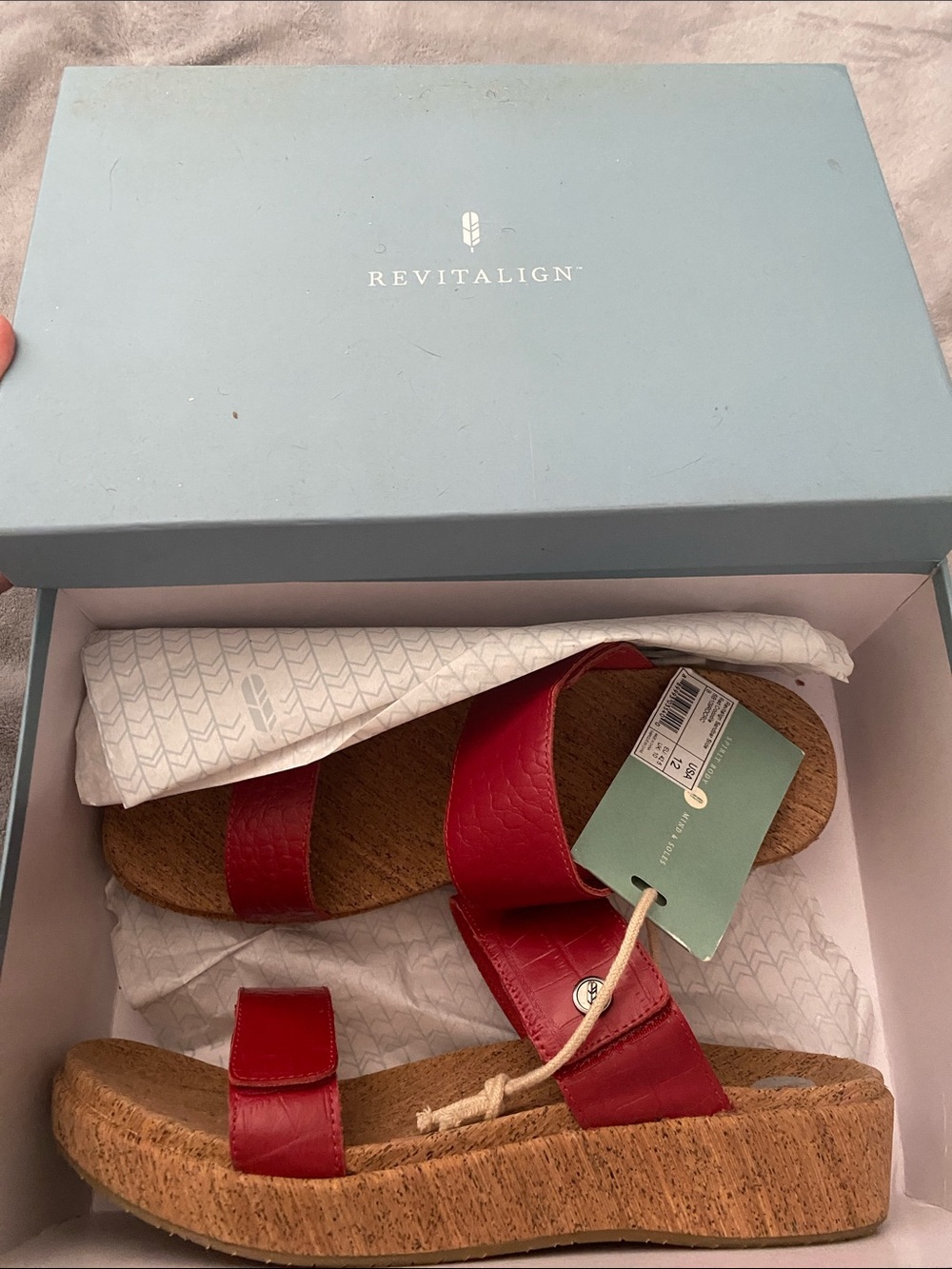 REVITALIGN Red Leather Cork Wedge Sandals
